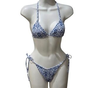Blue White Floral Smocked String Bikini Swimsuit Set‎ Women's Size S